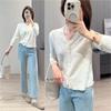 Elegância francesa! Suéter de tricô canelado cor creme com decote V, renda, organza, lã, pequeno cardigã, blusa de manga longa feminina