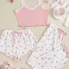 Nuevo Conjunto de Ropa de Casa Transfronteriza Estilo Europeo y Americano con Encaje Acanalado, Sexy Estampado Floral, Dulce y Lindo Conjunto de Tres Piezas para Mujer