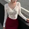 Camisa Base de Encaje Sexy con Cuello en V Cruzado de Manga Larga para Mujer, Top con Diseño de Estilo Maduro y Deseo Puro, Venta al por Mayor Transfronteriza