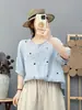 Camisa de Gaze Dupla com Bordado Floral Pequeno de Manga Curta para Mulheres, Top Casual Solto de Algodão Puro Redutor de Idade, Camisa Floral Colorida C822