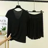 Conjunto de duas peças de verão feminino em modal, soltinho, plus size, casual, para casa, com camiseta de gola U sem mangas e shorts com babados