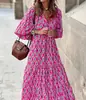 Comercio Exterior Transfronterizo Nuevo Vestido de Mujer Suelto Moda Bohemia Cuello en V Manga Linterna Elegante Estampado Vestido Largo