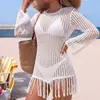 Amazon Vestido de Playa Calado de Punto Manga Larga Versátil Protección Solar Color Sólido Vestido con Borlas Estilo Minimalista Transparente