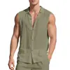 Camisa de lino con solapa de moda europea y americana transfronteriza para hombre, chaleco camiseta sin mangas casual simple suelto de verano fino