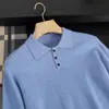 Suéter masculino de cashmere, adequado para outono e inverno, estilo business casual, alta elasticidade, tamanho grande, camisa de manga longa, gola polo, camisa de malha
