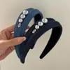 Elegante Diadema Ancha de Mezclilla Perla Gris para Mujer Retro Francesa de Gama Alta Azul Pinza para el Cabello