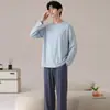 Pijama de Algodón Puro Cuello Redondo para Hombre Primavera Otoño Invierno Nuevo Alta Calidad Manga Larga Pantalón Largo Tallas Grandes Casual Ropa de Casa Conjunto Exterior