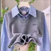Camisa de malha listrada patchwork falsa de duas peças com mangas compridas para mulheres, novo top versátil casual de outono em estilo universitário em camadas