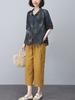 Traje de Moda para Mamá Verano 2024 Camisa de Lino de Algodón Pantalones hasta el Tobillo Sueltos Ramio Casual Delgada Estampado Conjunto de Dos Piezas