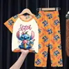 Comercio Exterior Pijamas Infantiles Primavera y Verano Manga Corta Pantalones Trajes para Niños Dibujos Animados Lindo Stitch Ropa de Casa para Niñas Ola