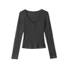 Camiseta de Manga Larga con Cuello en V de Color Sólido Estilo Coreano 'Hot Girl' para Mujer, Top Base Ajustado a la Cintura para Primavera y Otoño