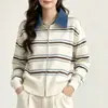 2026 Moda Outono/Inverno Elegante Versátil Macio Cor Pegajosa Bloco de Cores Listras Gola Cardigan de Tricô Suéter Listrado Horizontal Feminino