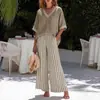 2026 Amazon Sitio Independiente Top de Manga Corta con Cuello en V y Estampado de Rayas Pantalones de Pierna Ancha Conjunto Casual Suelto de Dos Piezas para Mujer