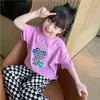 Nueva Camiseta de Manga Corta para Niñas 2024 Moda Infantil Oso a Cuadros Algodón Puro Dibujos Animados Top Ropa de Primavera y Verano Dropshipping