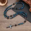 Collar con Colgante de Cruz para Hombre Europeo y Americano Piedra de Ojo de Tigre Obsidiana Cuentas Redondas Cadena Larga Cruz de Hematita Cruz de Rosario