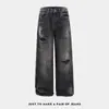 Calça jeans preta rasgada estilo americano para homens, lavagem vintage e desgastada, durável, casual, corte solto, perna reta, perna larga
