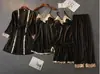 Pijama de Gasa Satinada para Mujer Otoño e Invierno Sexy Estilo Seda Conjunto de Cinco Piezas Seda con Almohadilla en el Pecho Camisón de Tirantes Ropa para el Hogar