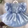 Vestido Azul para Menina de Um Ano com Manga Bufante Vestido Princesa Roupa de Aniversário Infantil Saia Tutu Vestido para Competição de Piano