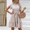 Vestido de Lunares Estilo Vacaciones Transfronterizo Verano 2026 Estilo Europeo y Americano Vestido de Línea A con Volantes de Manga Corta y Botones de Corbata para Mujer