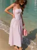 Vestido largo sin tirantes de rayas verticales para mujer, transfronterizo, cintura ajustada, dobladillo acampanado, longitud media, estilo vacacional, hombros descubiertos