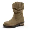 Botas de camurça da moda de cano médio para mulheres 2026 outono e inverno novo estilo 9cm de cano botas com pelo botas western cowboy 67927