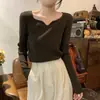 Top de punto suave con cuello en V para mujer, Primavera 2026, Textura acanalada, Suéter elegante casual de manga larga, Camiseta base