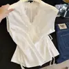 Camisa Blanca de Manga Corta con Cuello en V Estilo Simple Nuevo Verano 2026 con Corbata Adelgazante Temperamento Commute Top Sencillo A12896