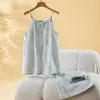 Roupa de casa feminina de crepe de algodão puro com estampa distribuída, manga curta e calça comprida para primavera e verão, pijama casual solto e confortável para casa