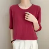 Suéter de tricô feminino transfronteiriço com gola redonda, novo estilo outono e inverno 2026, design vazado, mangas de três quartos, blusa básica pulôver solta, suéter fino
