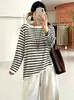 Top de punto a rayas holgado sin hombros para mujer de talla grande, diseño de otoño 2026 con cordón para mujer de talla grande