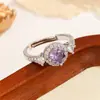 Anel de Amethysto Banhado a Ouro Estilo Europeu e Americano para Mulheres, Joia de Anel Aberto Ajustável com Zircônia Envolvente de Luxo Leve