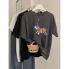 Camiseta de Manga Corta de Algodón Puro con Hombro Recto Azul Marino para Mujer con Estampado de Pony Multicolor, Camiseta Básica Casual para Verano