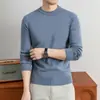 Ropa de punto de manga larga para otoño e invierno, capa base para hombre, suéter de cuello redondo para hombre, contiene lana, color liso, cálido, estilo Old Money, ropa para hombre