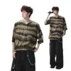 Camiseta Tie-dye Listrada Gola V Manga Curta Masculina Verão 2026 Nova Rasgada High Street Americana Retro Marca Tendência Manga Meia