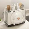 Suporte para facas e prateleira de armazenamento, porta-utensílios de cozinha multifuncional, tábua de corte integrada, suporte magnético para facas, suporte para tábua de corte de bancada para facas de cozinha