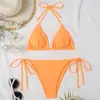 Bikini de Tres Piezas Traje de Baño Transfronterizo Sexy con Cordón Ajustable Espalda Descubierta Bikini de Color Sólido con Nudo Traje de Baño de Dos Piezas