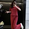 Traje Casual Deportivo de Algodón Imitación para Mujer Verano Adelgazante Reductor de Edad Moderno Manga Corta Pantalones de Pierna Ancha Dos Piezas Traje Estilo Occidental
