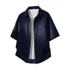 Suministro Directo de Fábrica Camisa de Verano de Mezclilla de Manga Corta Marca de Tendencia para Hombre 70% Algodón Cuello Cuadrado Pequeño Cárdigan Camiseta Corta