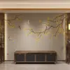 Nuevo Papel Tapiz de Pared de Fondo de TV Estilo Chino con Hojas de Ginkgo, Flores y Pájaros, Gran Mural para Pared de Sofá de Sala de Estar, Dormitorio y Pared de Medios