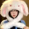 Gorro de peluche de conejo de invierno con orejas móviles, lindo y grueso para abrigar, protección contra el frío y protección para los oídos, haciendo que la cara parezca más pequeña, un gorro Lei Feng