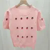 Blusa Juvenil de Primavera Estilo Francês com Bordado de Morango e Mangas Bufantes Vazadas em Forma de Diamante, Suéter de Malha Estiloso para Mulheres