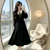 Vestido Tricô Gola Lapela Cinza Ano Feminino Outono Cintura Marcada Emagrecedor Saia Longa Bordado Preto Fábrica de Origem