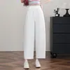 Calça floral de perna larga com toque fresco para mulheres, novo estilo de verão, cintura elástica, versátil, fluida, casual, calça reta cropped com perna levemente curvada