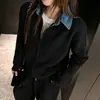 Nuevo suéter de punto patchwork con cuello de mezclilla para mujer, moderno y versátil, con un elegante diseño de solapa, un corte relajado y un efecto adelgazante