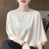 26 Nuevo Top de Mujer Sencillo Estilo Coreano Holgado Jacquard Mariposa Manga Tres Cuartos Hombro Caído Cuello Redondo Satén Sedoso