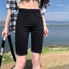 Pantalones cortos vaqueros de ciclismo para mujer, populares en Internet, de cintura alta, elásticos, ajustados, negros, rectos, ajustados, finos, para uso exterior, pantalones medianos.