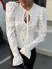 Cardigã Riscado com Renda Vazada e Cadarço em Cor Contrastante para Mulheres, Blusa Slim Fit Retro Francesa com Bolinhas em Cetim e Mangas Sino