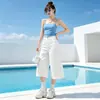 Nuevos Jeans Blancos de Alta Calidad de Tiro Alto Acortados de Pierna Ancha para Mujer Sueltos Cubren las Caderas Adelgazantes Petite Versátiles Casuales