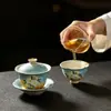 Juego de té Kung Fu Mojihuo Shi Hong estilo antiguo pintado a mano de cerámica gardenia para uso doméstico con taza de té de borde floral, taza de maestro, recipiente para té