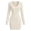 Vestido Jersey de Punto Trenzado Otoño Invierno para Mujer Estación Independiente Adelgazante Manga Larga Bodycon Falda Corta